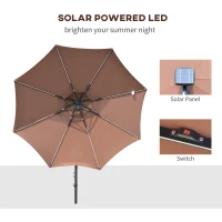 Outsunny 3(m) Cantilever Banana Parasol Hanging Umbrella with Double Roof, LED Solar lights, Crank, 8 Sturdy Ribs and Cross Base for Outdoor, Garden, Patio, Coffee(m-4)