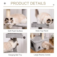 PawHut 125cm Cat Tree for Indoor Cats Kitten Tower 4 level Activity Center Pet Furniture Sisal Scratching Post Condo Plush Perches Hanging Ball Grey(m-4)