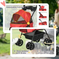 PawHut Dog Pram Dog Stroller Foldable Pet Pushchair with 4 Wheels, Safety Leashes, Cup Holder for Small Dogs, Red(m-6)