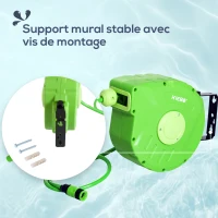 Outsunny Dévidoir Mural Enrouleur Automatique pivotant 180° Tuyau 10 + 1 m avec Lance arrosage Support Mural intégré Vert(m-6)