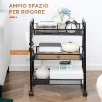 HOMCOM Carrello da Cucina a 3 Livelli con Cesti Removibili e 4 Ruote, in Acciaio e Plastica PP, 41.5Lx26.5x63 cm, Nero(m-4)