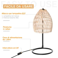 HOMCOM Lampada da Tavolo in Rattan Stile Boho, Attacco E27 Potenza Max 40W Ø20x41cm, Beige(m-6)