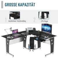 HOMCOM Computertisch Eckschreibtisch Schreibtisch Bürotisch PC Tisch mit schwarzem Sicherheitsglas L-förmig 164x139x75 cm(m-4)