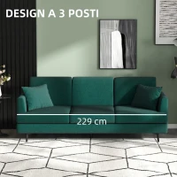 HOMCOM Divano 3 Posti in Tessuto con 2 Cuscini e Imbottitura Spessa, 229x88x88cm, Verde(m-5)
