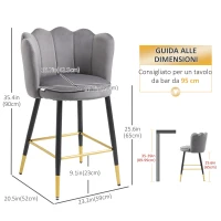 HOMCOM Set da 2 Sgabelli da Bar Vellutati con Poggiapiedi e Base in acciaio, 59x52x90cm, Grigio(m-7)