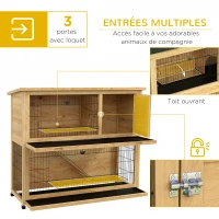 PawHut Clapier à lapin en bois 2 étages avec 3 portes plateau coulissant rampe toit bitumé 120 x 50 x 102 cm jaune(m-4)