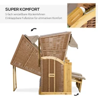 Outsunny Strandkorb 3-Sitzer Sonnenliege mit Dach 2 Klapptischen Fußstütze Chaiselongue 5-stufige Rückenlehne XXL Polyrattan Natur 150 x 79 x 160 cm(m-5)
