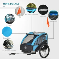 HOMCOM Child Bike Trailer Foldable 2-Seat Baby Transport Carrier with Storage Bag Five-point Safety Harness Hitch Coupler Blue(m-6)