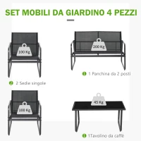 Outsunny Set Tavolino con Panchina e 2 Sedie da Giardino, Arredamento da Esterno in Metallo e Texteline, Nero(m-4)