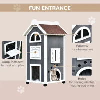 PawHut Wooden Cat House, Weatherproof Pet Shelter, Outdoor Cat Condos Cave, 2 Floor Furniture, Grey and White(m-5)