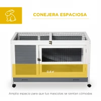 PawHut Conejera de Madera Caseta de Interior para Mascotas Pequeñas 2 Pisos con Ruedas Bandeja Extraíble Rampa 102x60x63,5 cm Gris Blanco(m-4)