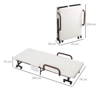 HOMCOM Folding Bed with Mattress, Single Guest Bed, Portable Fold Bed with Adjustable Backrest, Metal Frame on Wheels, White, 190 x 76 cm(m-3)