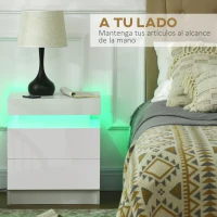 HOMCOM Mesita de Noche Blanca con Luz LED Mesita Decorativa con 2 Cajones y Mando a Distancia 45x35x52 cm Blanco(m-5)