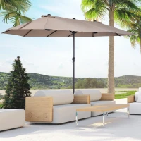 Outsunny Doppelsonnenschirm 455 x 270 cm Gartenschirm mit Handkurbel oval stabil Metallstange Marktschirm Doppelsonnenschirm Terrassenschirm Sonnenschutz für Strand Balkon Terrasse Garten Hellkaffee(m-2)