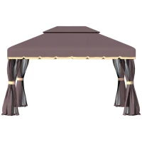 Outsunny Gazebo da Giardino 3x4m con Doppio Tetto, Zanzariera e Tende, Alluminio e Poliestere, Color Caffè(m-10)