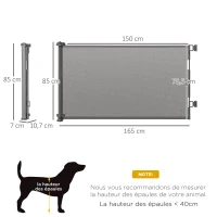 PawHut Barrière escalier chien rétractable opération à une main cadre en alliage d'aluminium tissu mesh 150 x  85 cm gris(m-3)