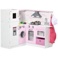 HOMCOM Cuisine d'angle pour enfants avec accessoires, sons et lumières - en MDF - rose et blanche