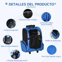 PawHut Transportín Carrito para Mascotas 2 en 1 Mochila de Viaje con 2 Ruedas para Perros Gatos con Asa Retráctil de Aluminio y Bolsillos de Almacenaje 42x25x55 cm Azul(m-6)