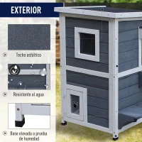 PawHut Caseta para Gatos de Madera Exterior Casa para Gatos de 2 Pisos con Techo Abrible Ventanas y 2 Plataformas para Terraza Balcón Jardín 51x51x81,3 cm Gris(m-7)