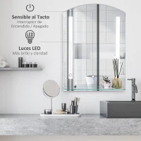 kleankin Espejo de Baño con Luces LED 70x50 cm Espejo para Baño con Interruptor Táctil Iluminación Regulable y Estante de Vidrio para Salón Entrada Plata(m-5)