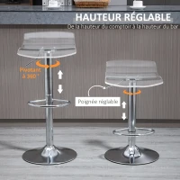HOMCOM Lot de 2 tabourets de bar design contemporain assise acrylique et piètement métal - pivotant 360° - hauteur réglable avec repose-pieds - transparent(m-5)