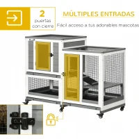 PawHut Jaula para Conejos 2 Niveles de Madera con 6 Ruedas 2 Escaleras 3 Bandejas Extraíbles y Zona Abierta 110x50x86 cm Gris(m-5)