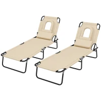 Outsunny Outdoor Folding Sun Lounger Set of 2 with Face Hole, 4 Level Adjustable Backrest Reclining Garden Lounger, Garden Recliner Sunbed with 600 D Oxford Cloth Seat and Pillow for Beach, Sand(m-11)