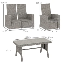 Outsunny 4 Piece Rattan Garden Furniture Set Outdoor Sofa Sectional Set with Glass Top Table for Poolside, Navy Blue(m-3)