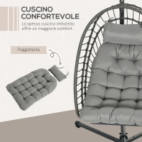 Outsunny Poltrona Sospesa in Rattan PE con Cuscino, Seduta Pieghevole e Struttura in Acciaio, Grigio(m-6)