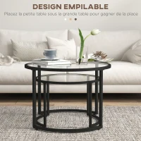 HOMCOM Lot de 2 tables basses gigognes rondes plateau verre trempé et pied en acier au carbone noir(m-4)