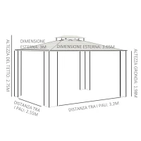 Outsunny Gazebo da Giardino 3.7x3m con Tetto in Policarbonato a 2 Livelli, Acciaio e Alluminio, Marrone(m-3)
