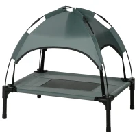 PawHut Lit chien sureleve avec parasol, lit de camp chien chat sur pieds tissu Oxford respirant, anti-UV cadre en métal sac de transport inclus couchage extérieur pour chat 161 x 46 x 61 cm gris noir(m-10)