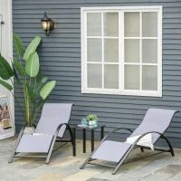 Outsunny 3 Pieces Lounge Chair Set Metal Frame Garden Outdoor Recliner Sunbathing Chair with Table, Light Grey(m-11)
