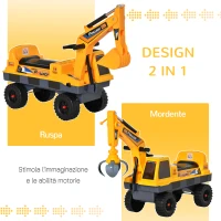 HOMCOM Ruspa Giocattolo 2 in 1 con Escavatore e Mordente, Vano Nascosto, Gioco Cavalcabile Bambini 2-3 Anni, 90x28x58cm, Giallo(m-4)