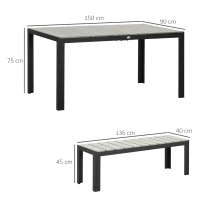Outsunny Terrassenmöbel-Set, 3-teilig, 2 Bänke & 1 Tisch, Metallrahmen, Holzoptik, Grau(m-3)