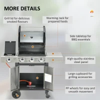 Outsunny Gas Barbecue Grill 3+1 Burner Garden Smoker BBQ Trolley w/ Side Burner Warming Rack Side Shelves Storage Cabinet Piezo Ignition Thermometer Stainless Steel + Metal(m-7)