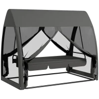 Outsunny 3-Sitzer-Terrassen-Schaukel, Veranda-Schaukel mit Bettfunktion, Hollywoodschaukel mit Mückennetz und Stahlrahmen, Grau(m-10)