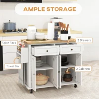 HOMCOM Rolling Kitchen Island Storage Trolley with Rubber Wood Top & Drawers for Dining Room, White(m-4)