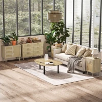 HOMCOM Juego de 2 Mesitas de Noche Mesillas de Noche con Cajón de Ratán y Estante Ajustable 40x40x68,5 cm Roble(m-9)