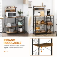HOMCOM Scaffale Cucina Multipresa per Microonde con Ripiani e Cestino a Rete, 90x42x130cm, Marrone(m-5)