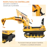 HOMCOM Escavatore Ruspa Giocattolo Cavalcabile per Bambini max. 30 kg con Schienale, Braccio Mobile e Vano Contenitore, 78x24x58.5cm(m-5)