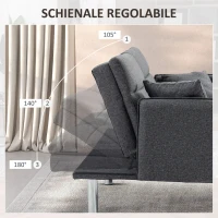 HOMCOM Divano Letto 3 Posti con Meccanismo Clic Clac, Schienale Reclinabile e 2 Cuscini, 189x91x84cm, Grigio(m-5)