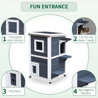 PawHut Katzenhaus aus Holz 2 Etagen Winterfest wasserdicht Katzenhütte mit Asphaltdach Treppen Fenster Katzenhöhle Outdoor Schutzhütte für Draußen Garten Balkon 51 x 51 x 81,3 cm Grau(m-6)