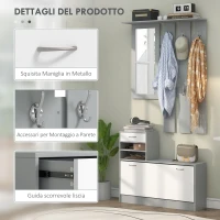 HOMCOM Mobile Appendiabiti 3 in 1 con Scarpiera e Specchio, Ganci e Cassetti, in Legno, 90x10x102 cm, Bianco e Grigio(m-5)