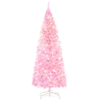HOMCOM 5FT Tall Prelit Pencil Slim Artificial Christmas Tree with Realistic Branches, Warm White LED Lights and 408 Tips, Xmas Decoration, Pink(m-1)
