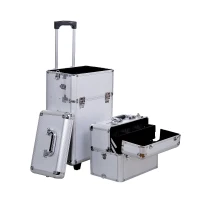 HOMCOM Maletin Maquillaje Profesional 35,5x23x86cm Maleta Trolley 4 Pisos 2 Ruedas Plateado Peluqueria Estetica(m-5)