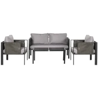 Outsunny 4 Piece Metal Garden Furniture Set with Tempered Glass Coffee Table, Texteline Pocket, Outdoor Set Loveseat Single Armchairs with Padded Cushions, Light Grey(m-11)
