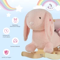 HOMCOM Schaukelpferd Kaninchen Kinder Schaukelpferd mit Geräuschen Sicherheitsgurt Schaukeltier für 18-36Monate, Massivholz, Plüsch, 60 x 33 x 50 cm, Rosa(m-6)