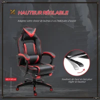 HOMCOM Fauteuil gamer, chaise gaming, siège de bureau réglable, avec repose-pieds et coussin, pivotant inclinable revêtement synthétique noir rouge(m-4)
