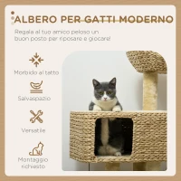 PawHut Albero Tiragraffi per Gatti con Casetta, Trespolo e Pallina, in Legno e Poliestere, 60x40x98 cm, Marrone e Beige(m-4)